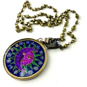 Iredescent Sun and Moon Celestial Pendant Necklace, Pave’ Diamond Sapphire Clasp